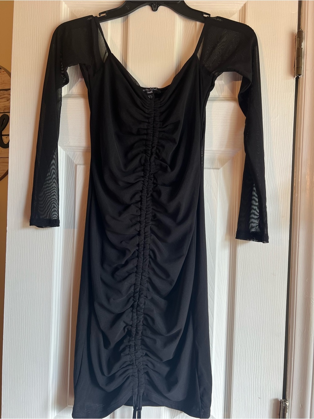 PrettyLittleThing Black Ruched Long Sleeve Mesh Dress